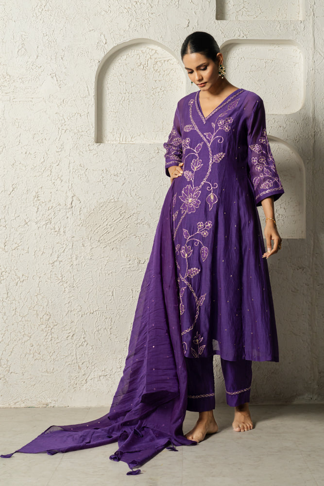 Purple Floral Bail A-line Kurta Set