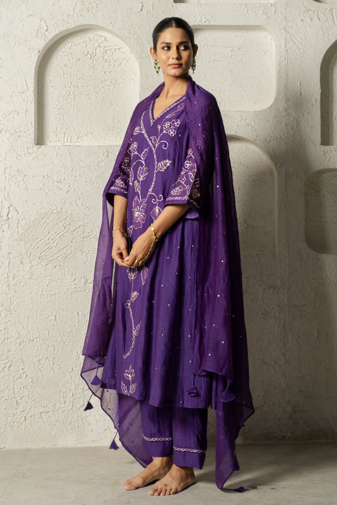 Purple Floral Bail A-line Kurta Set