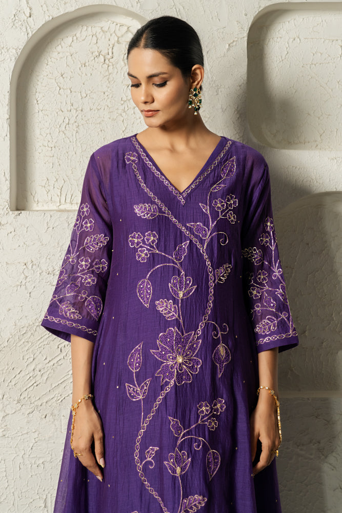 Purple Floral Bail A-line Kurta Set