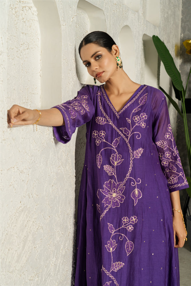 Purple Floral Bail A-line Kurta Set