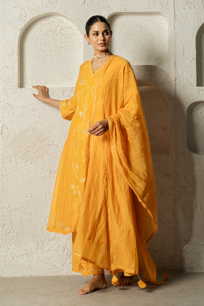 Yellow Floral Bail A-line Kurta Set