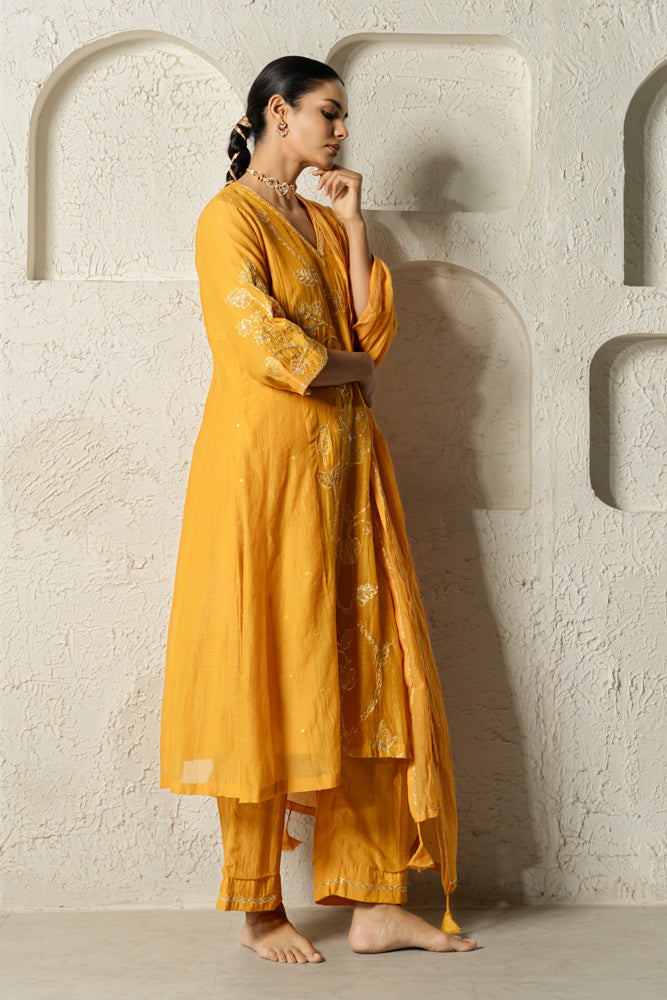 Yellow Floral Bail A-line Kurta Set