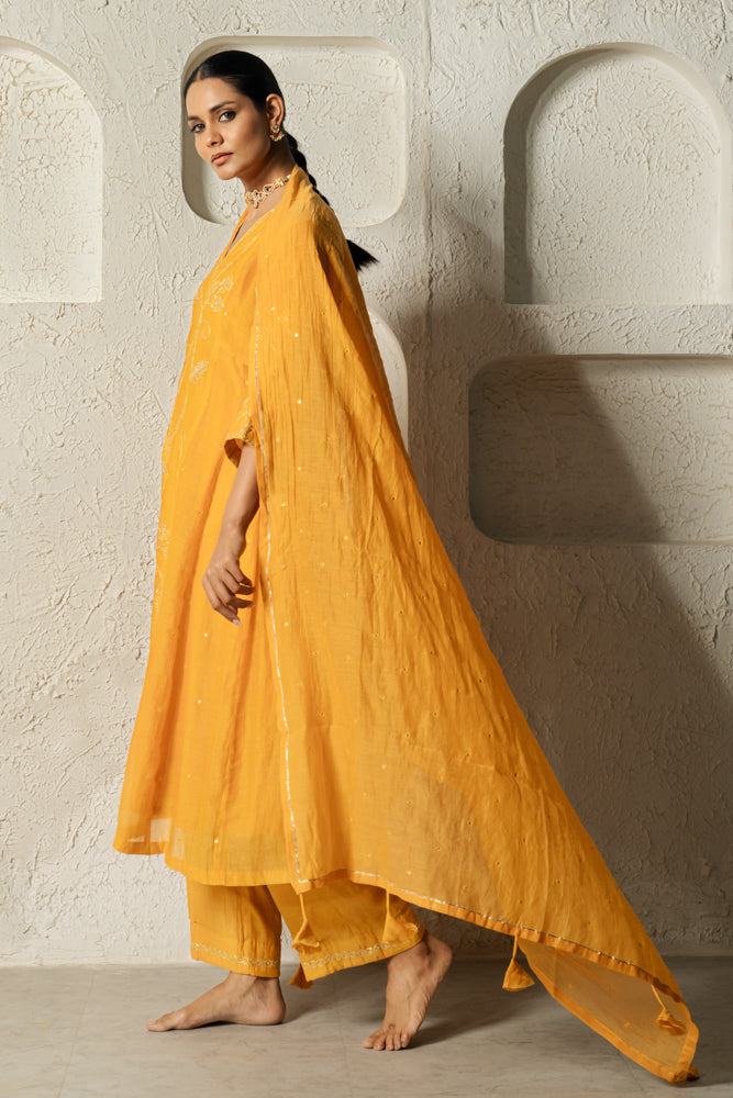 Yellow Floral Bail A-line Kurta Set