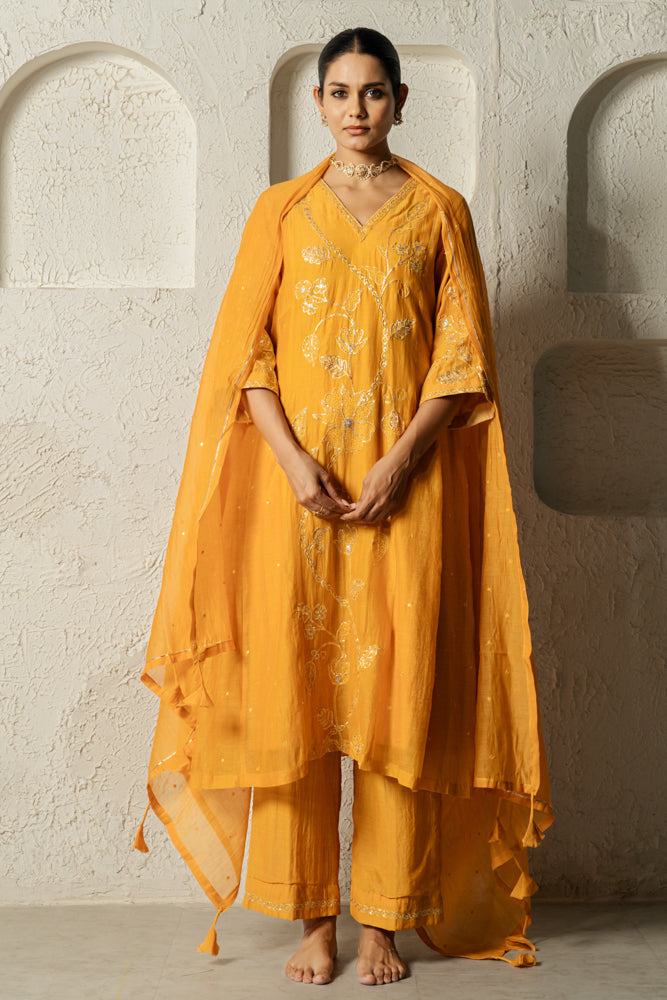 Yellow Floral Bail A-line Kurta Set