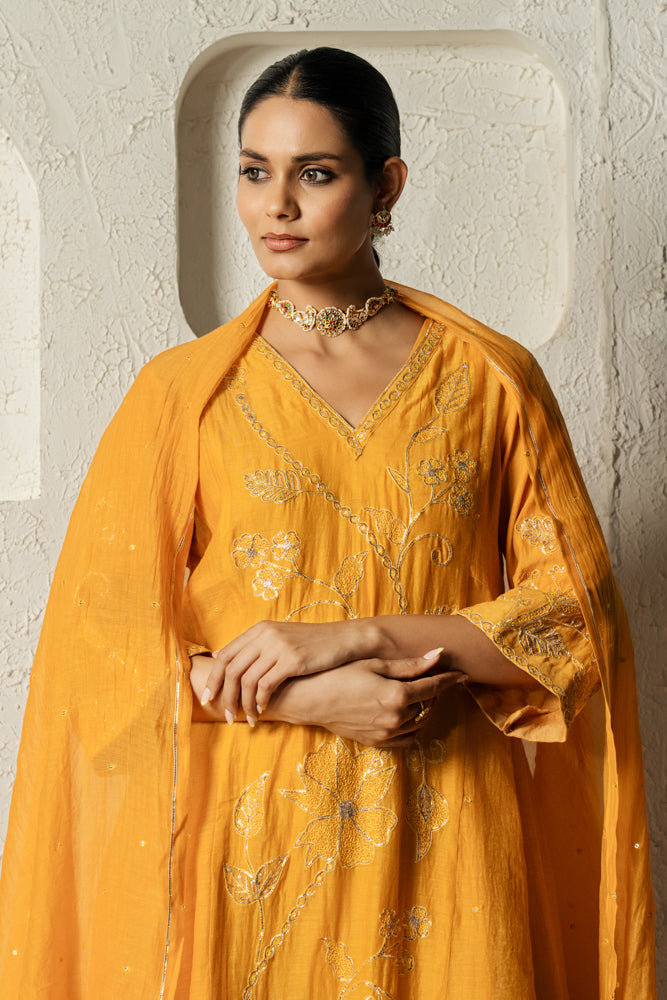 Yellow Floral Bail A-line Kurta Set
