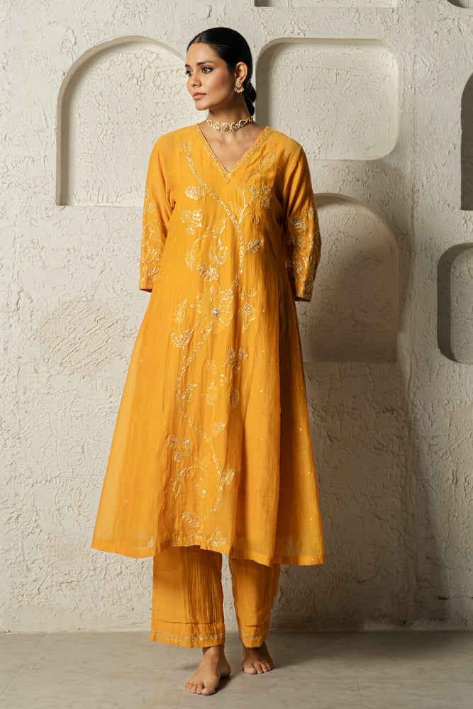 Yellow Floral Bail A-line Kurta Set