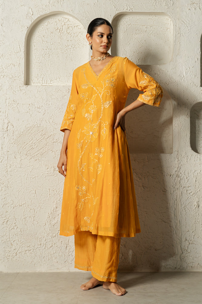 Yellow Floral Bail A-line Kurta Set