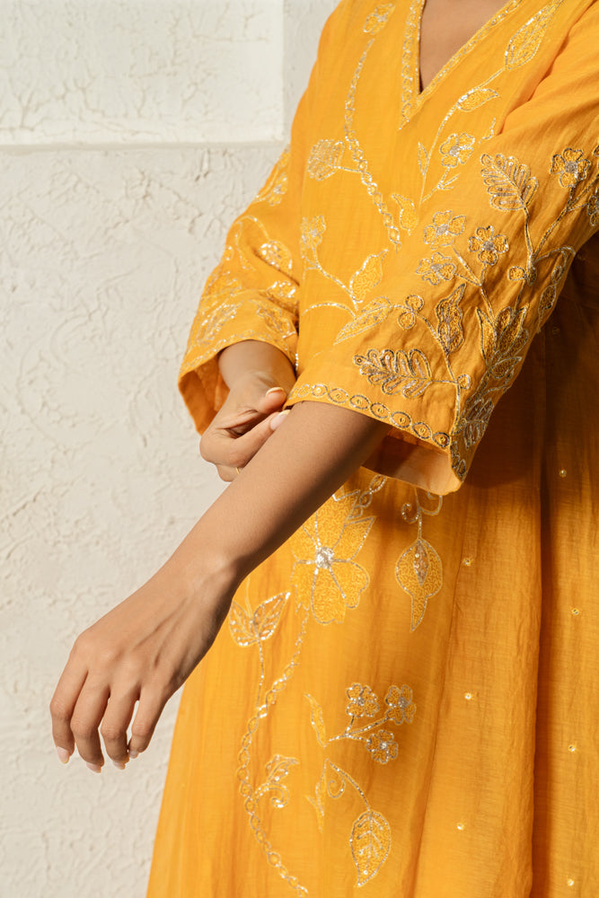 Yellow Floral Bail A-line Kurta Set