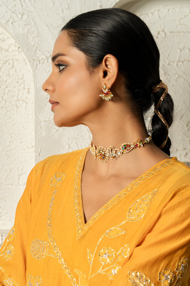 Yellow Floral Bail A-line Kurta Set