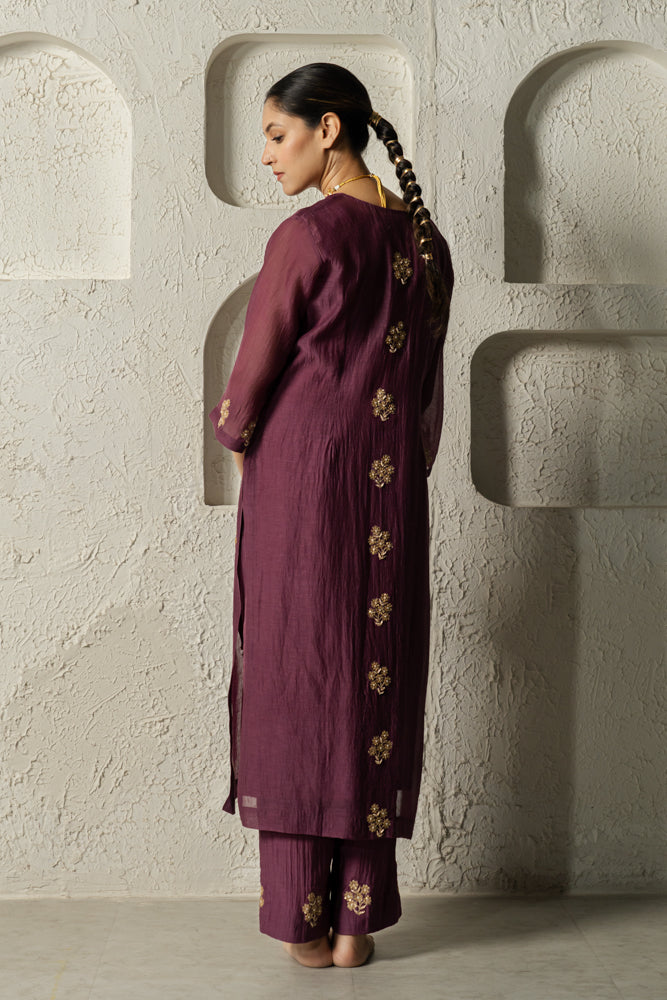 Plum Floral Motif Straight Kurta Set