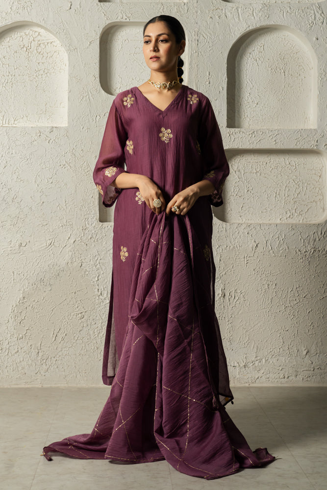 Plum Floral Motif Straight Kurta Set
