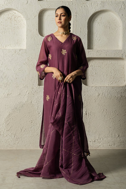 Plum Floral Motif A-Line Suit Set