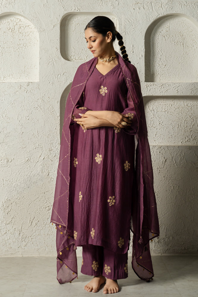 Plum Floral Motif Straight Kurta Set
