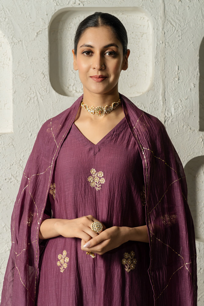 Plum Floral Motif Straight Kurta Set