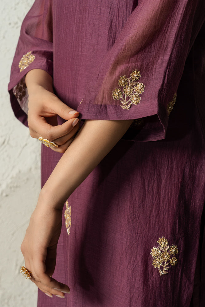 Plum Floral Motif Straight Kurta Set