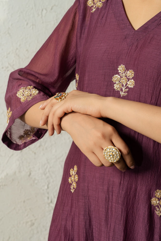 Plum Floral Motif A-Line Suit Set