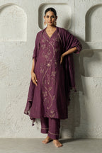 Plum Floral Bail A-line Kurta Set