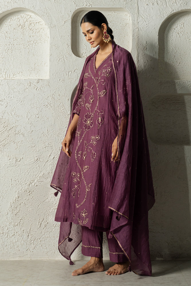 Plum Floral Bail A-line Kurta Set