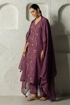 Plum Floral Bail A-line Kurta Set