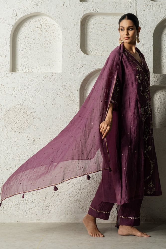 Plum Floral Bail A-line Kurta Set