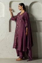 Plum Floral Bail A-line Kurta Set