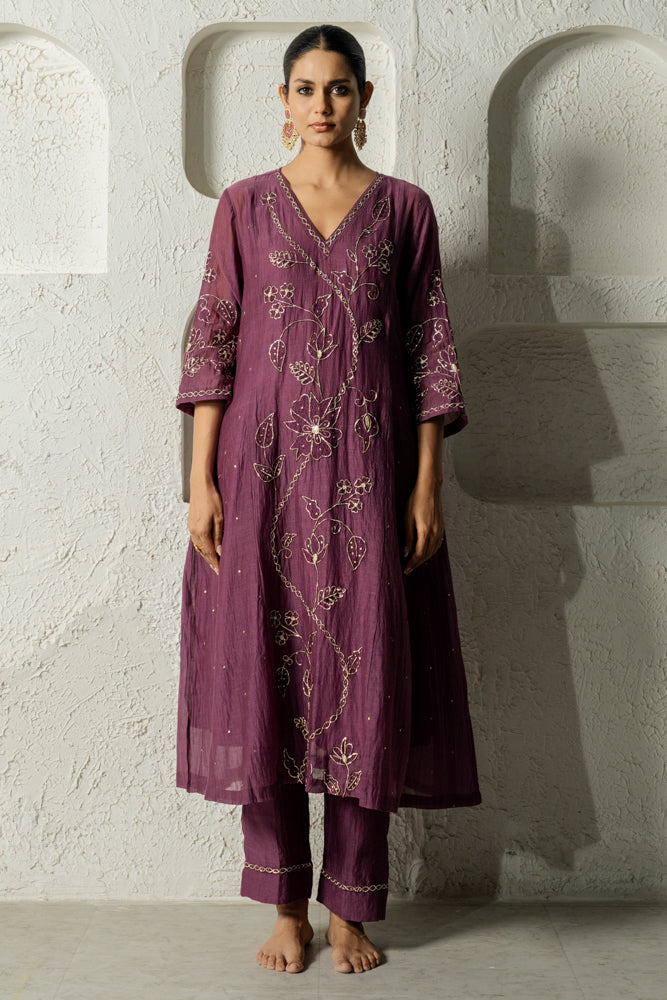 Plum Floral Bail A-line Kurta Set
