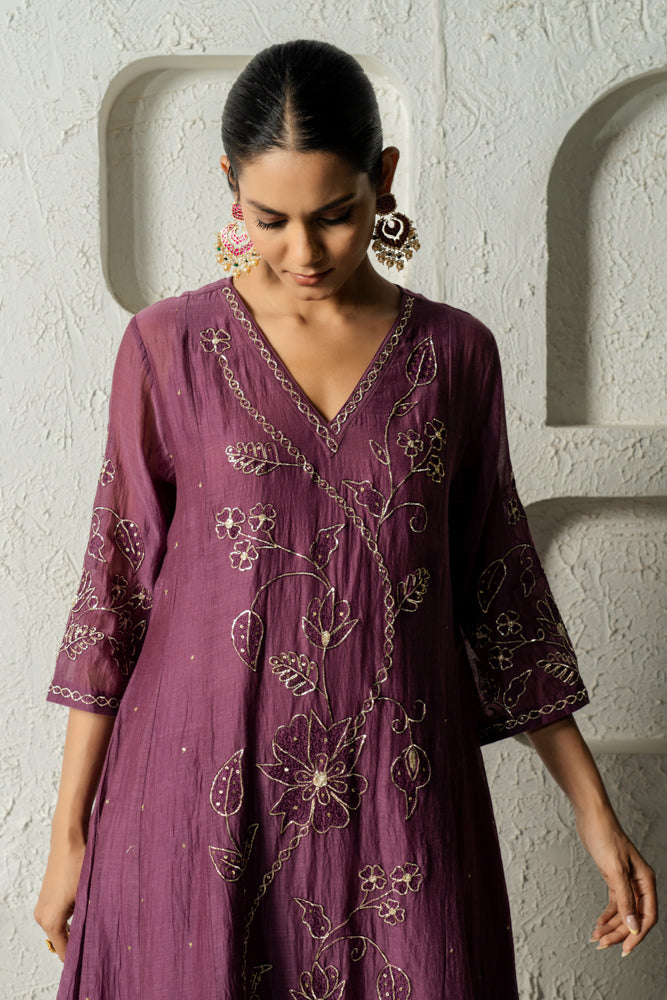 Plum Floral Bail A-line Kurta Set