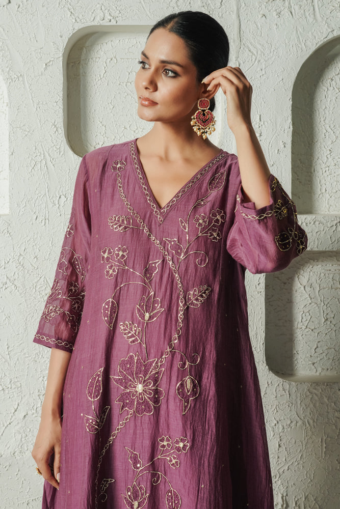 Plum Floral Bail A-line Kurta Set