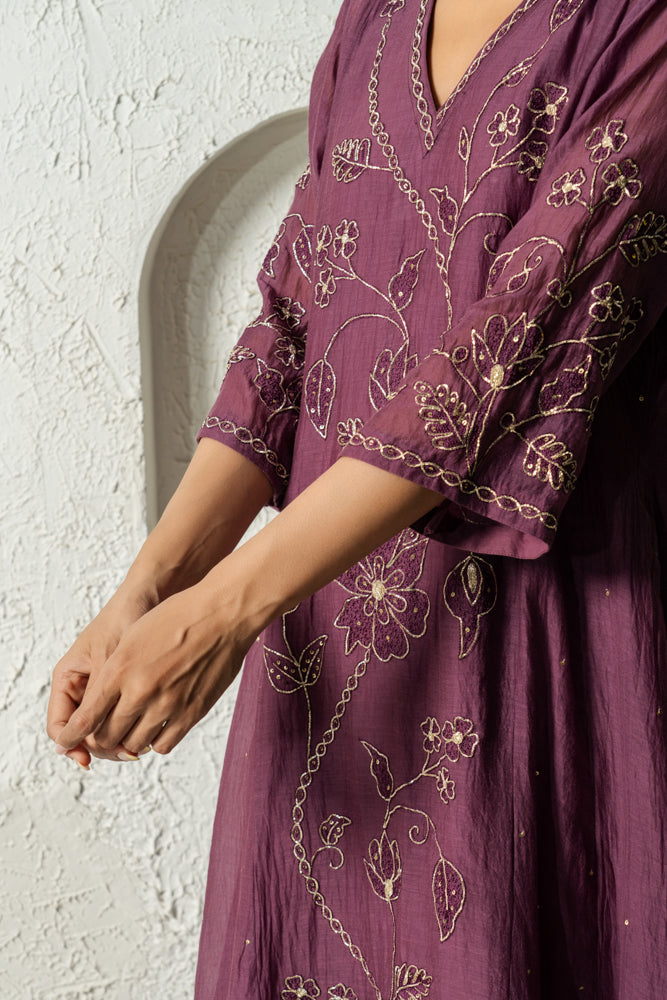 Plum Floral Bail A-line Kurta Set