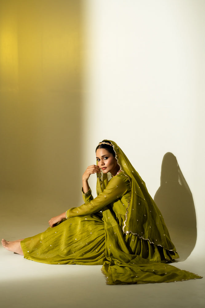 Olive Green Anarkali Suit Set