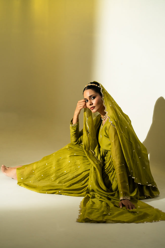Olive Green Anarkali Suit Set