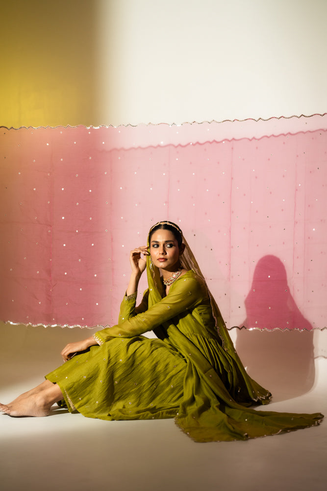 Olive Green Anarkali Suit Set