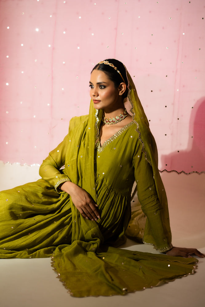 Olive Green Anarkali Suit Set