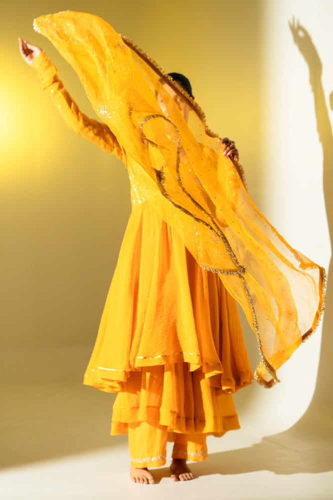 Saffron Yellow Gota Stripes Anarkali Suit Set