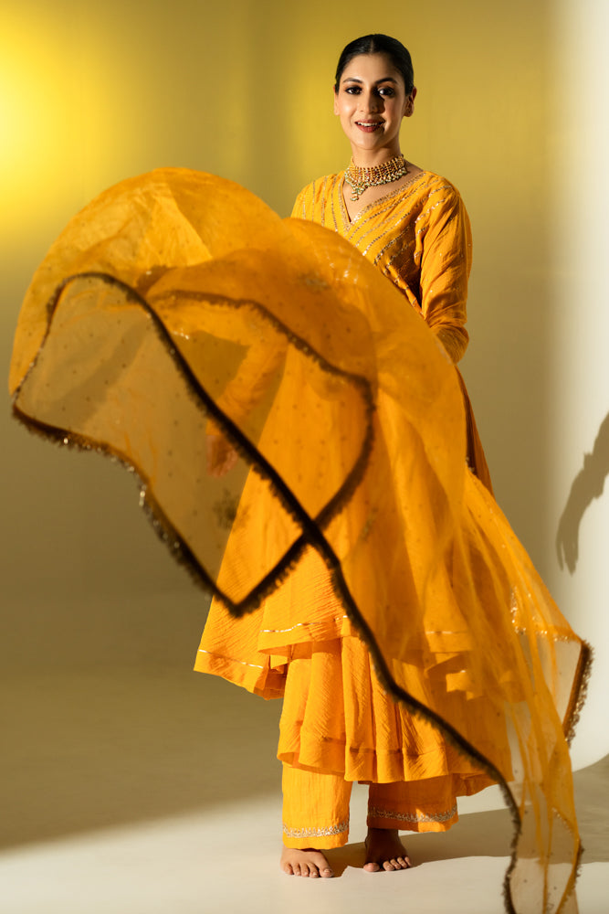 Saffron Yellow Gota Stripes Anarkali Suit Set
