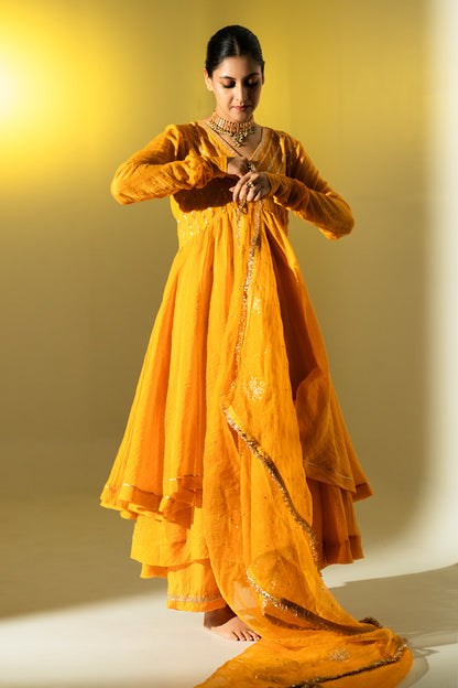 Saffron Yellow Gota Stripes Anarkali Suit Set