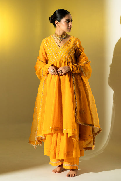 Saffron Yellow Gota Stripes Anarkali Suit Set
