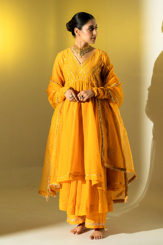 Saffron Yellow Gota Stripes Anarkali Suit Set
