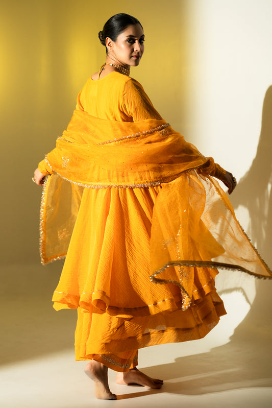 Saffron Yellow Gota Stripes Anarkali Suit Set