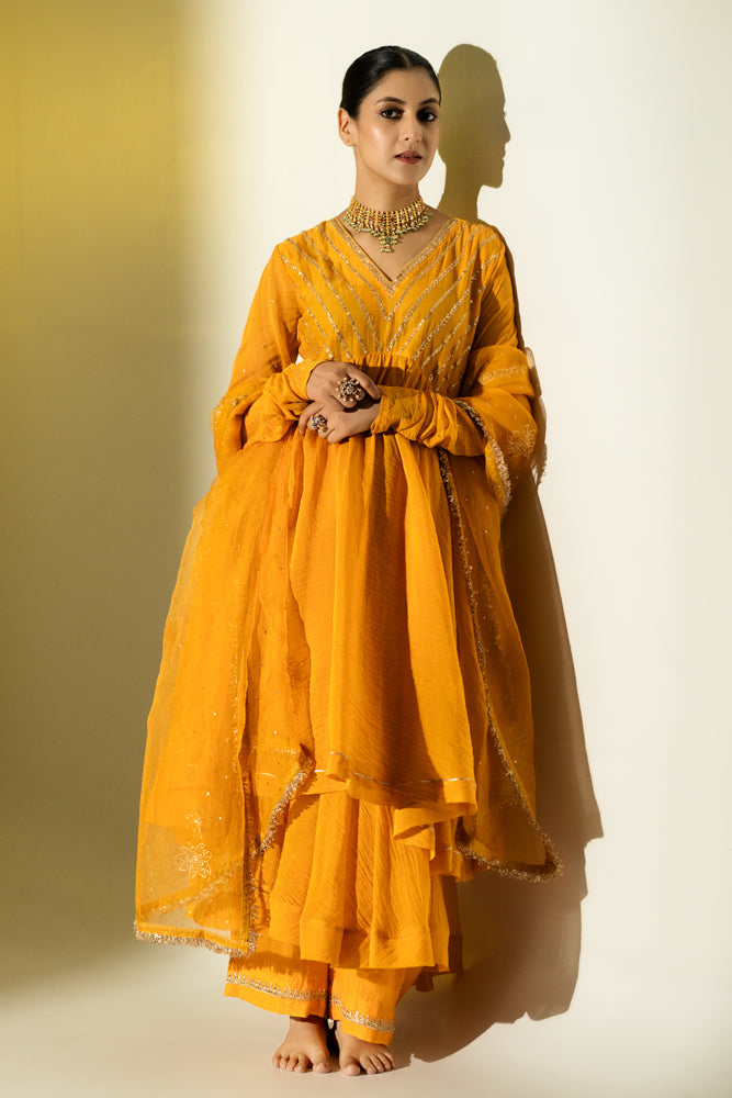 Saffron Yellow Gota Stripes Anarkali Suit Set