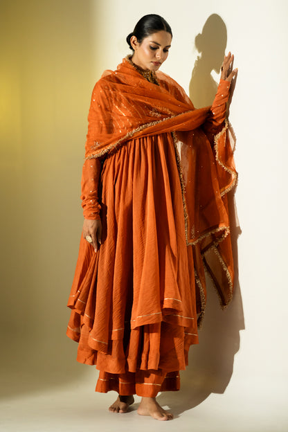 Rust Gota Stripes Anarkali Suit Set