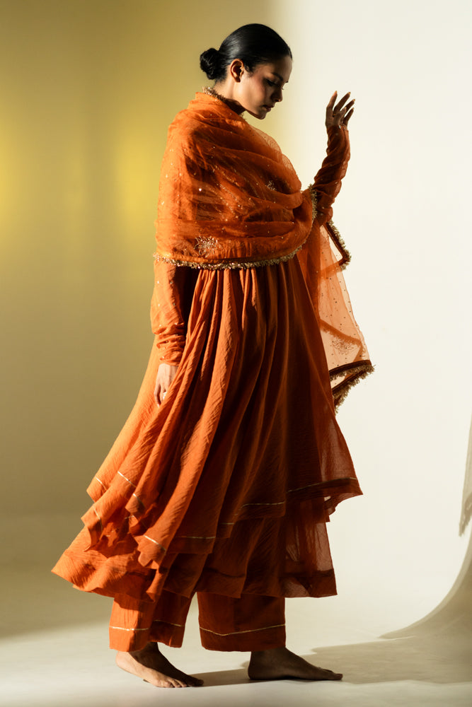 Rust Gota Stripes Anarkali Suit Set