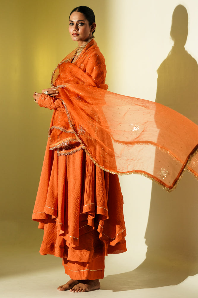 Rust Gota Stripes Anarkali Suit Set