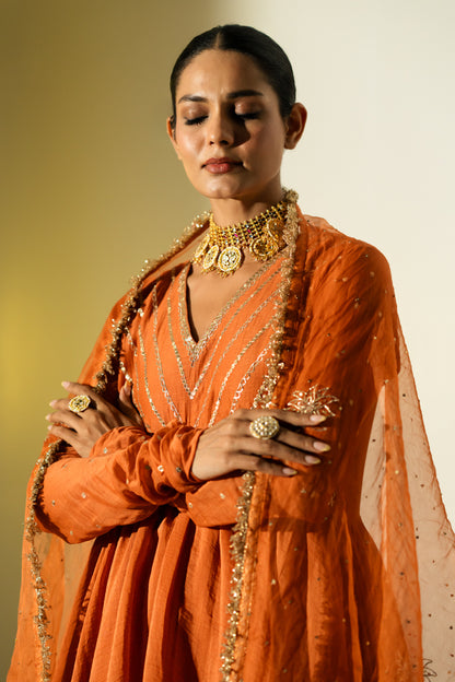 Rust Gota Stripes Anarkali Suit Set