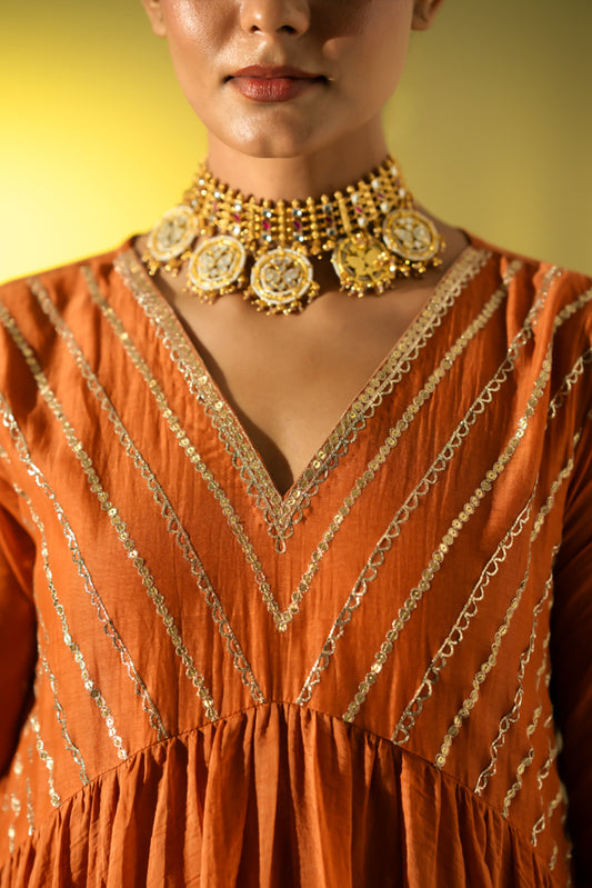 Rust Gota Stripes Anarkali Suit Set
