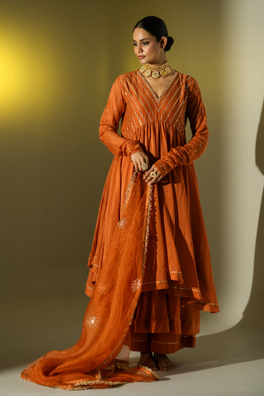 Rust Gota Stripes Anarkali Suit Set