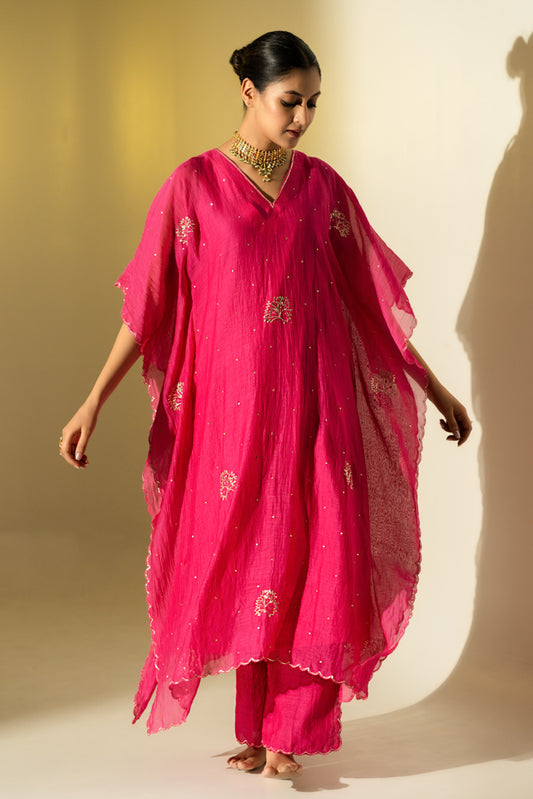 Rani Pink Flower Motif Kaftan Set