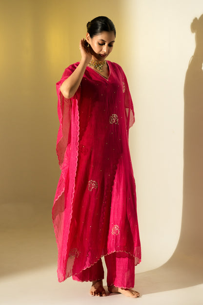 Rani Pink Flower Motif Kaftan Set