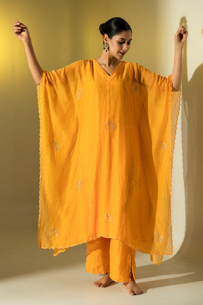 Mustard Flower Motif Kaftan Set