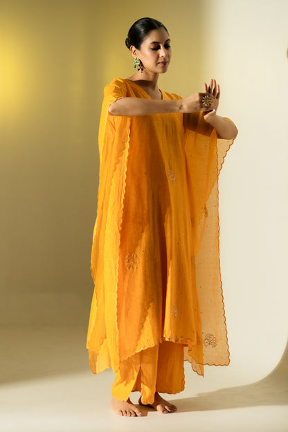 Mustard Flower Motif Kaftan Set